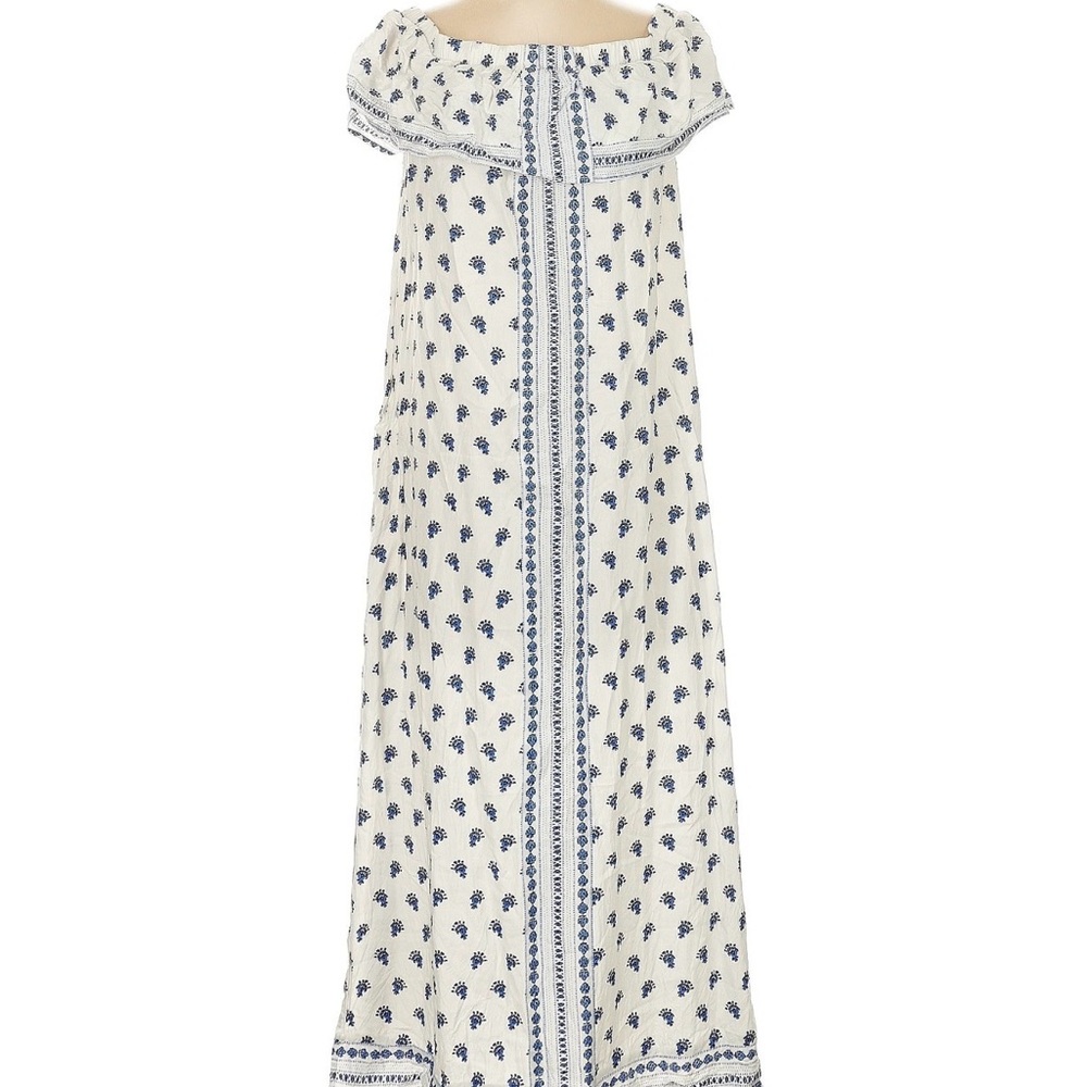 Off-Shoulder White and Navy Printed Maxi Dress